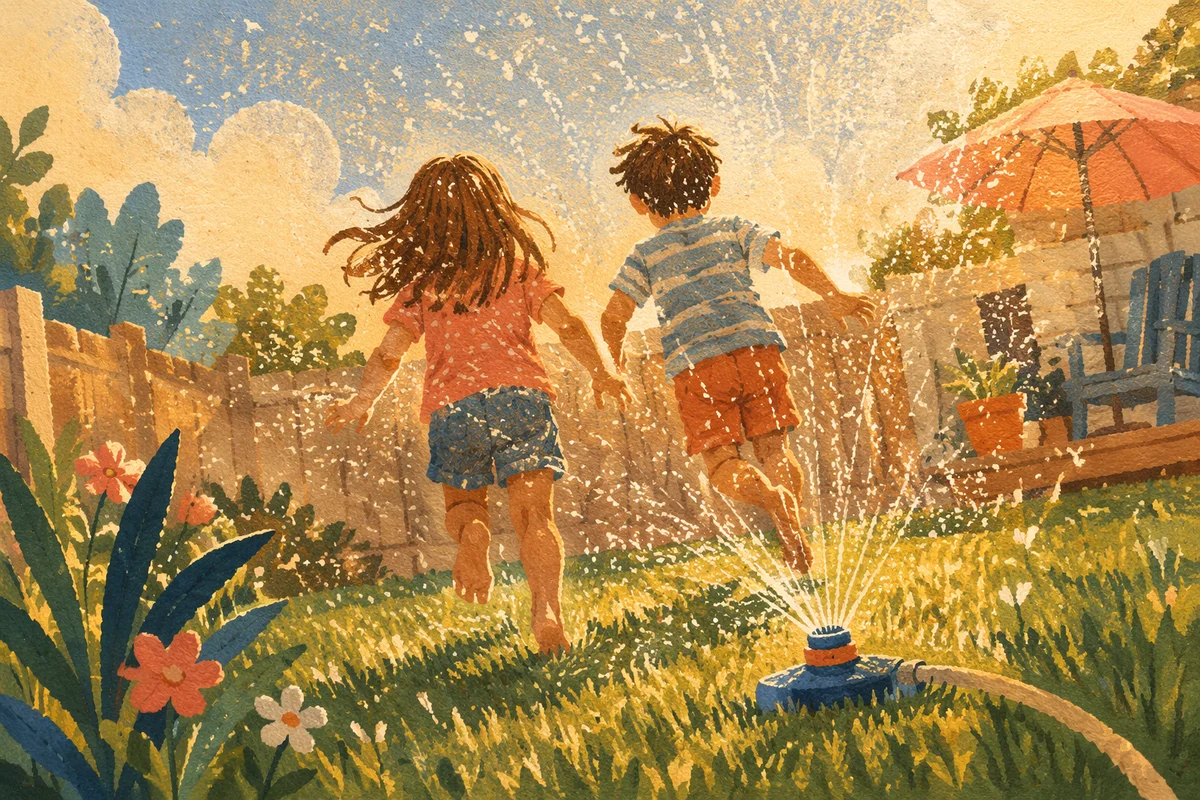 Children Playing in Summer Sprinkler Yard
