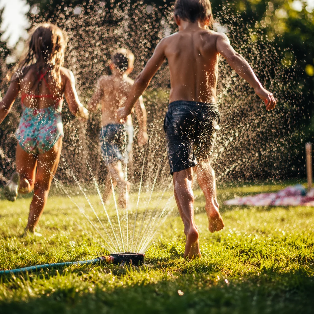 Children Playing in Summer Sprinkler Yard