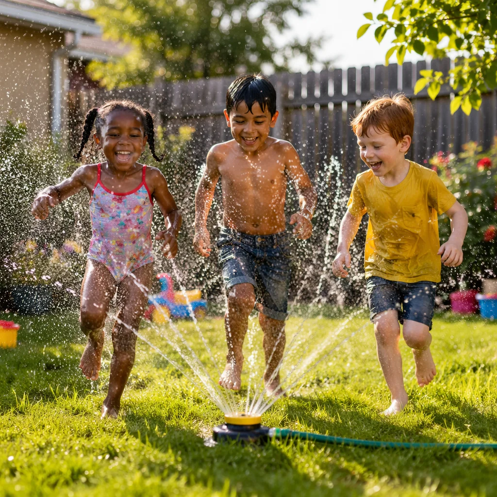 Children Running Through Backyard Sprinkler