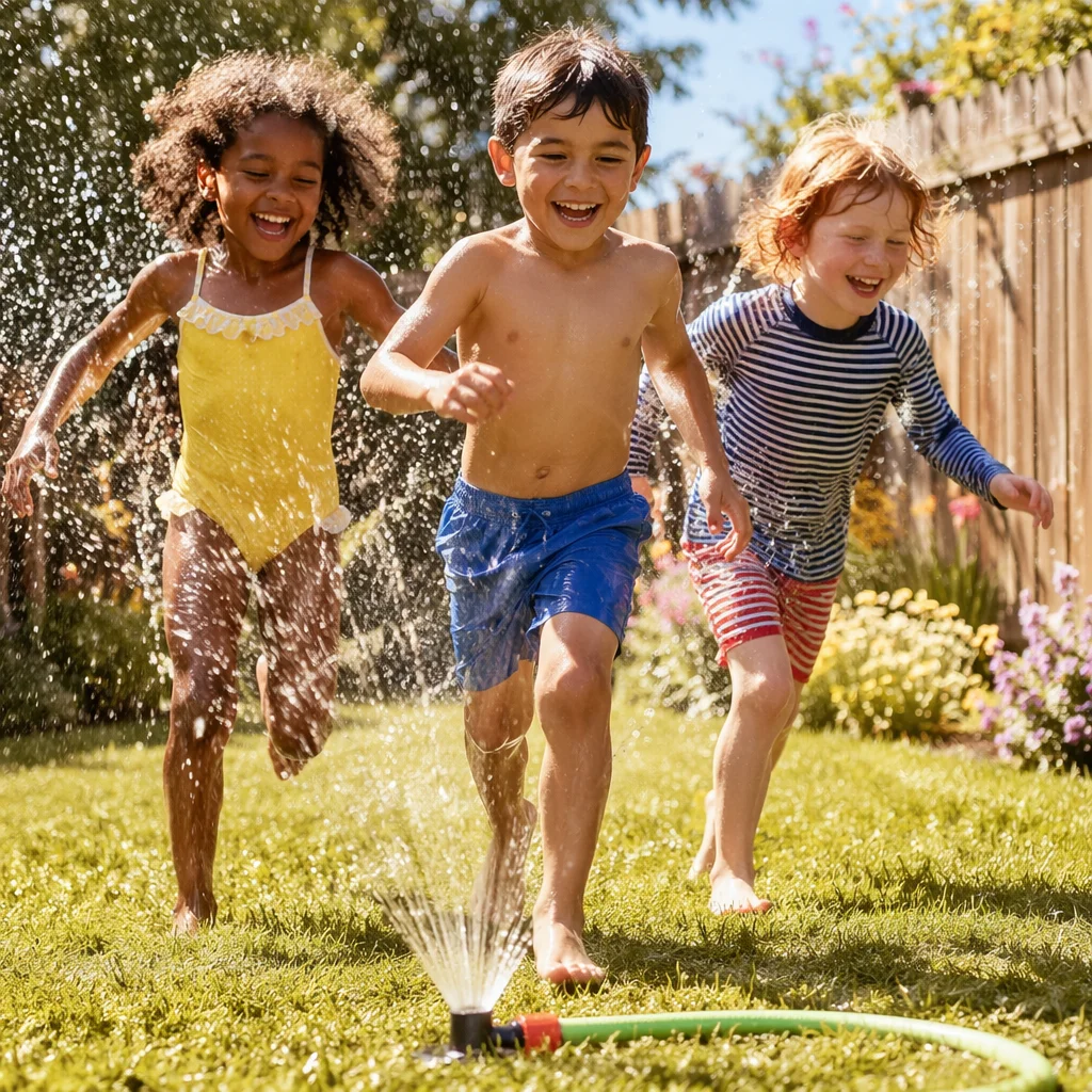 Children Running Through Backyard Sprinkler