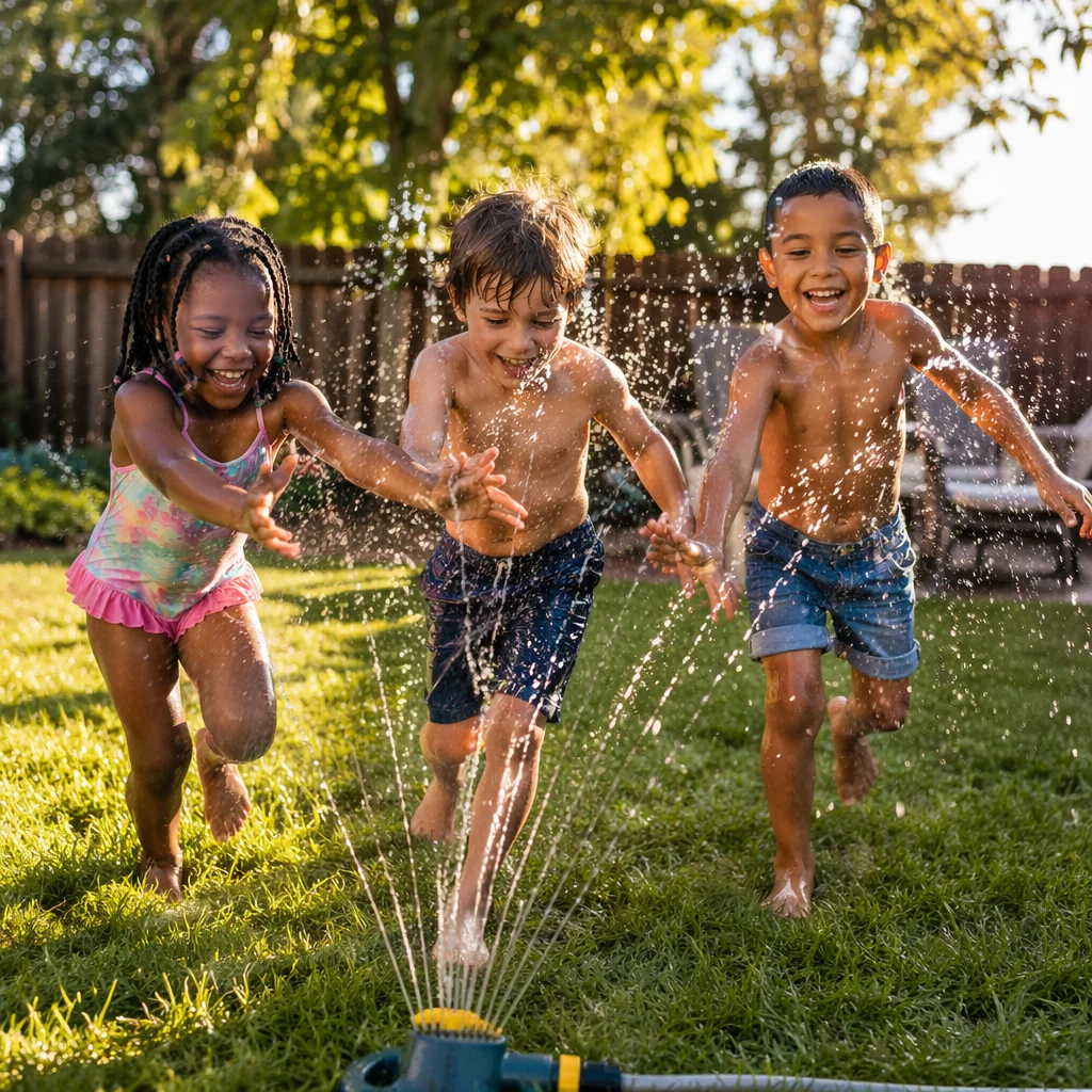 Children Playing in Backyard Sprinkler