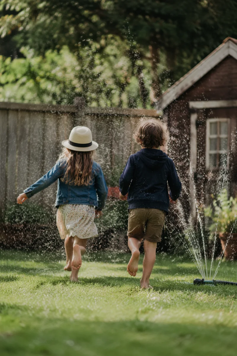 Children Running Through Summer Backyard Sprinkler
