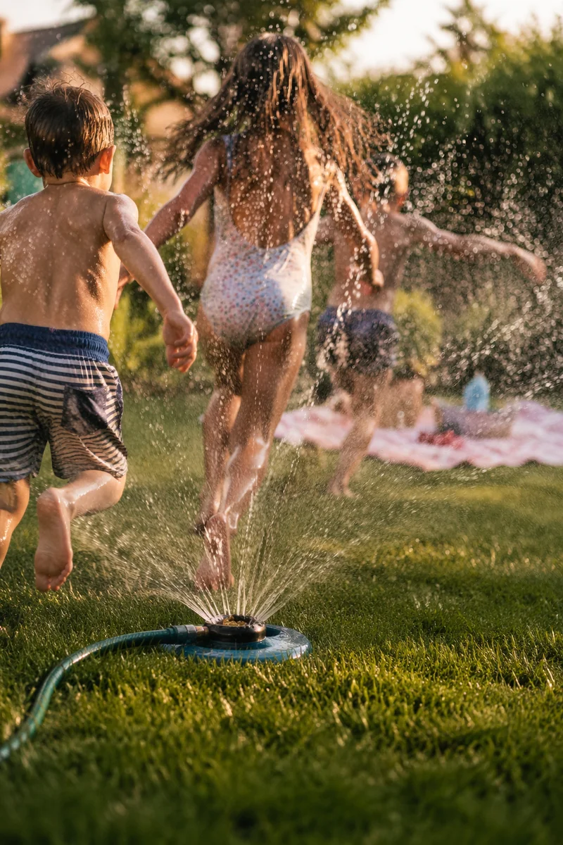Children Running Through Summer Sprinkler