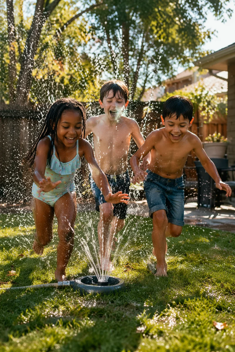 Children Running Through Backyard Sprinkler