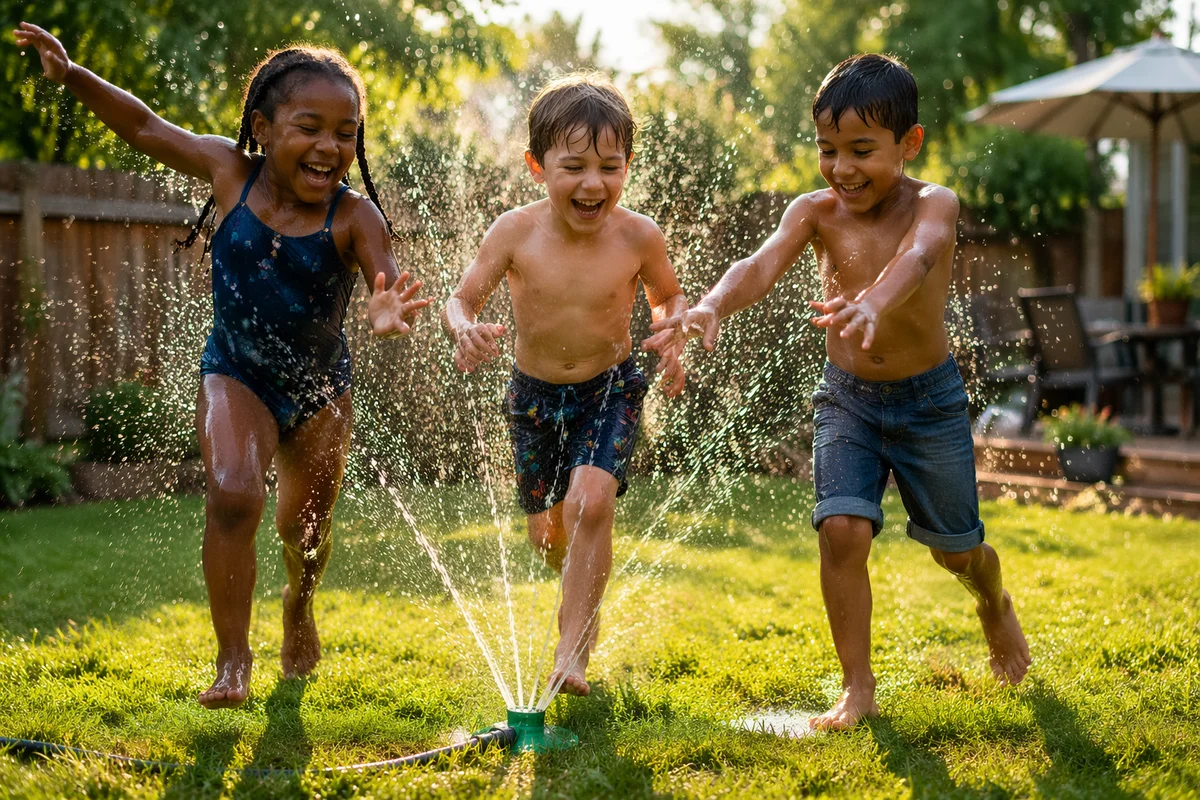 Children Running Through Backyard Sprinkler