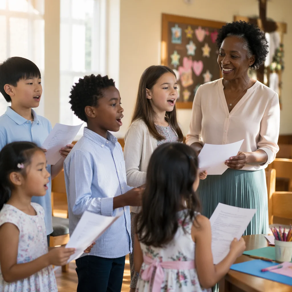 Children Singing with Teacher in Classroom