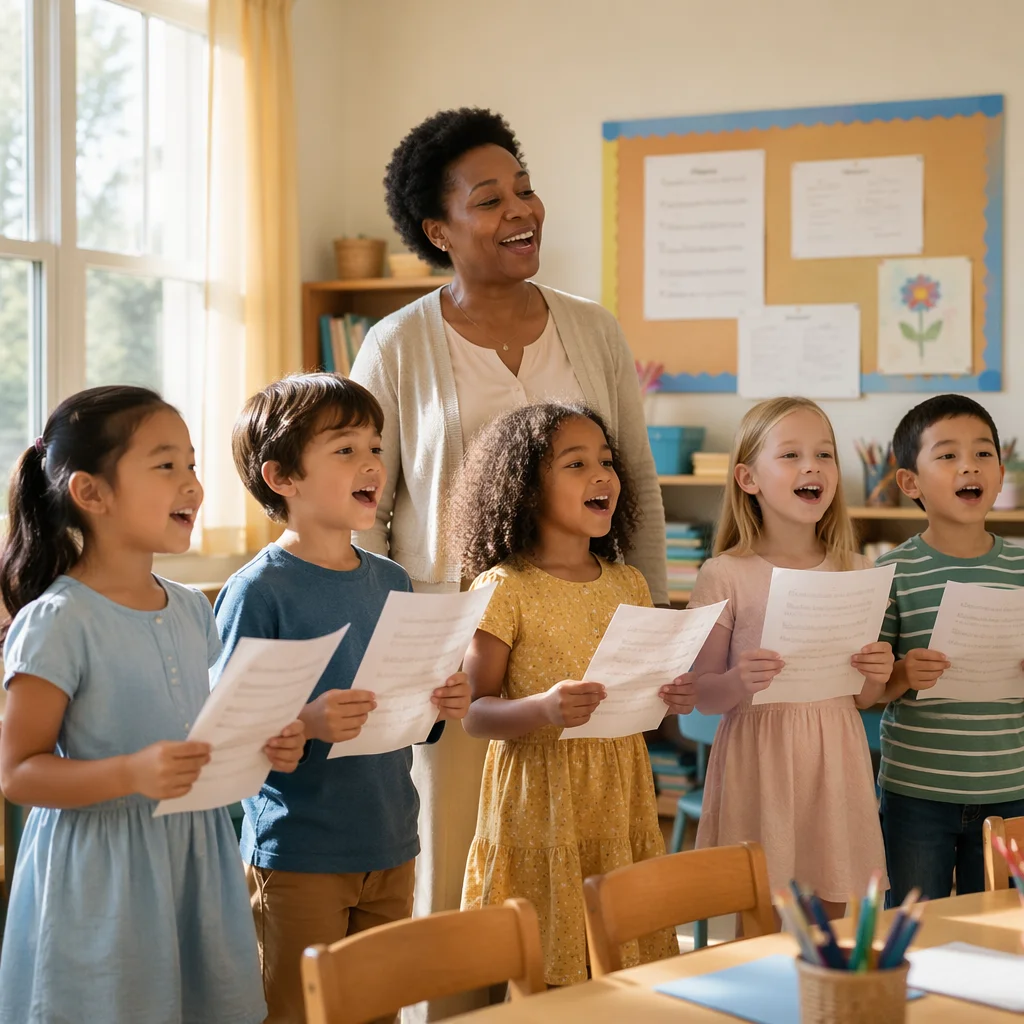 Children Singing Together in Bright Classroom