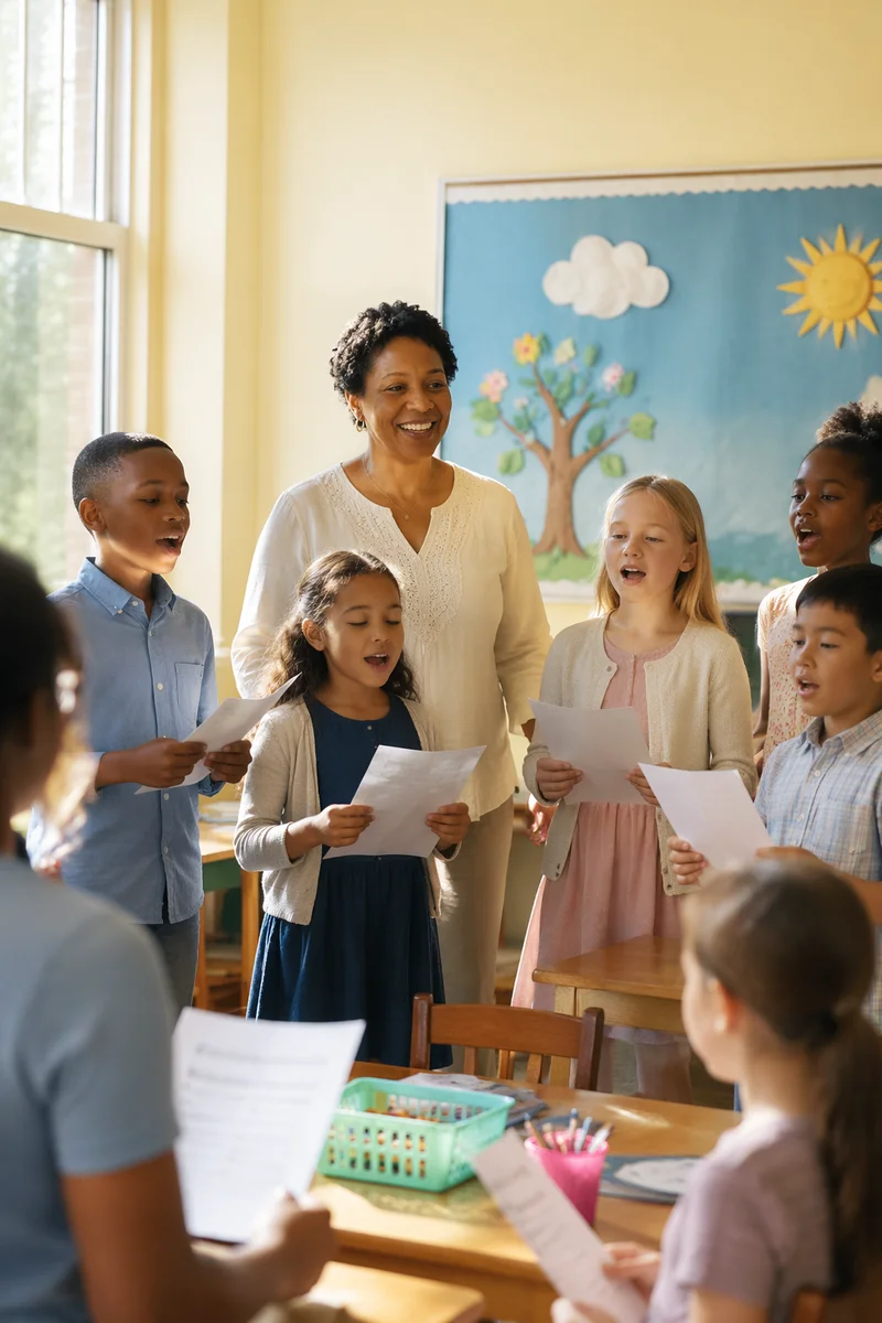Children Singing with Teacher in Classroom