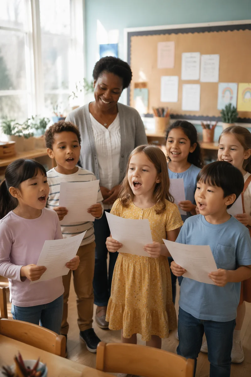 Children Singing Together in Sunny Classroom