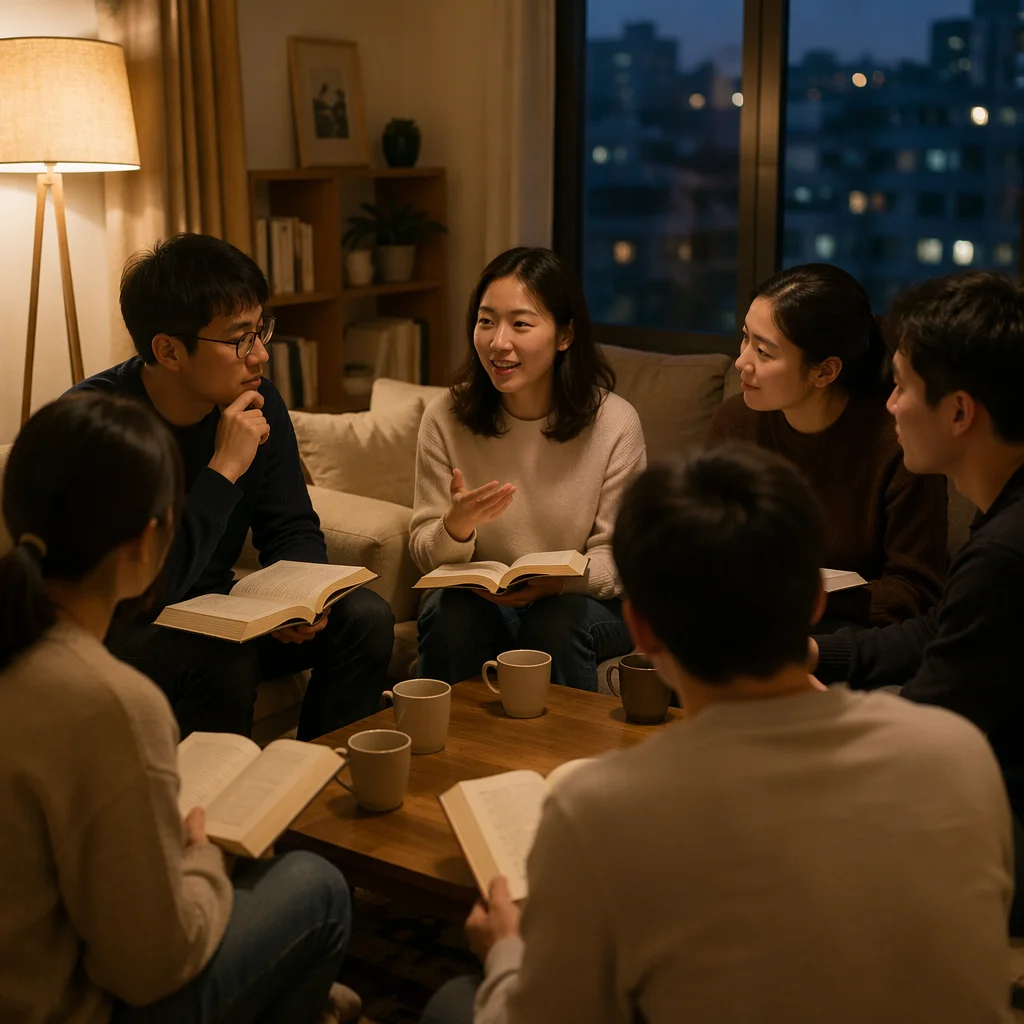 Young Adults Discussing Books in Cozy Living Room