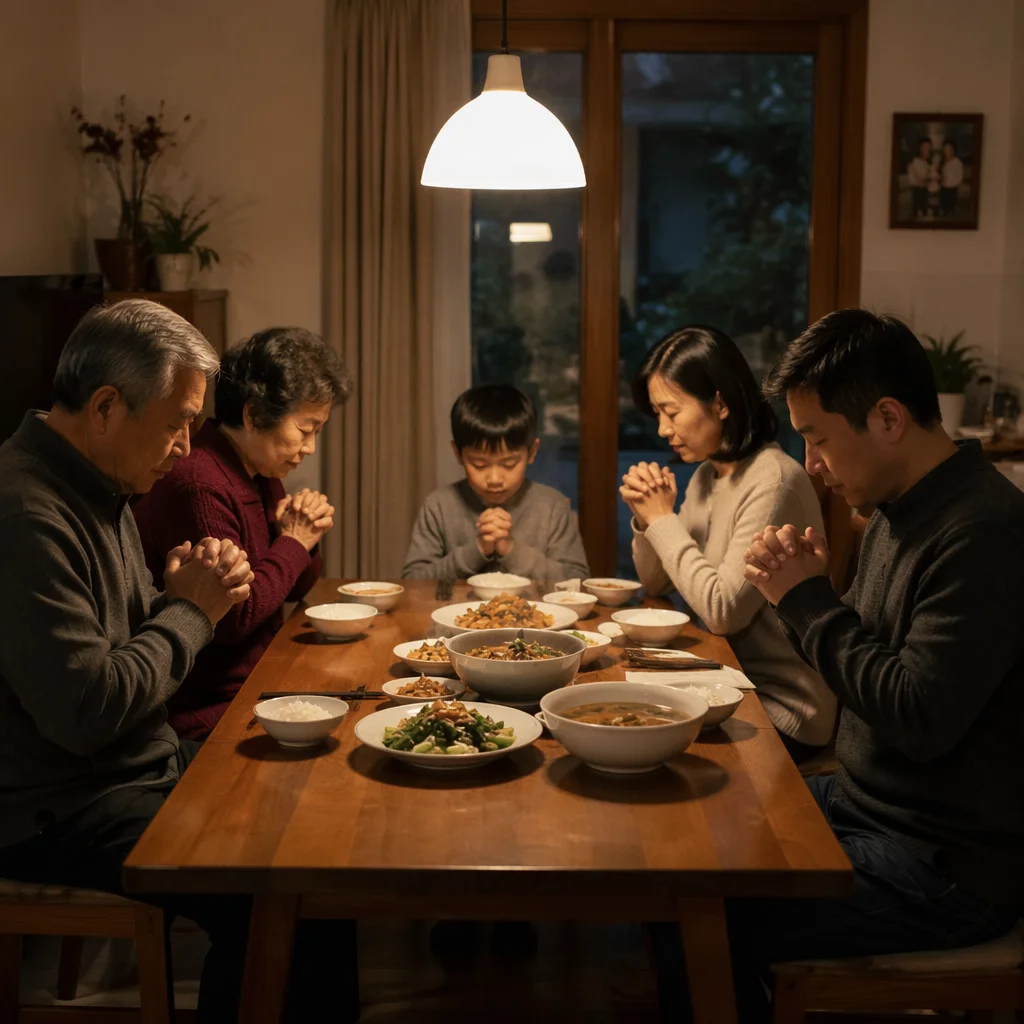 Chinese Family Praying at Dinner Table