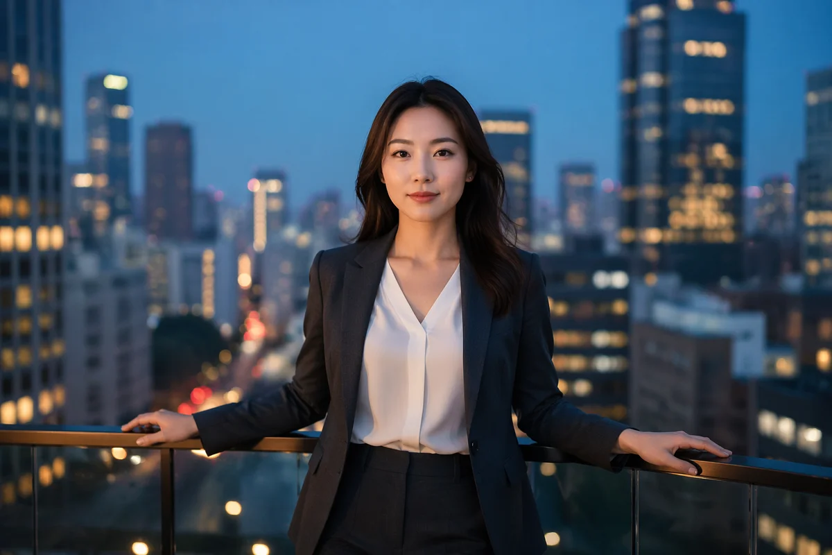 Confident Young Woman on City Rooftop
