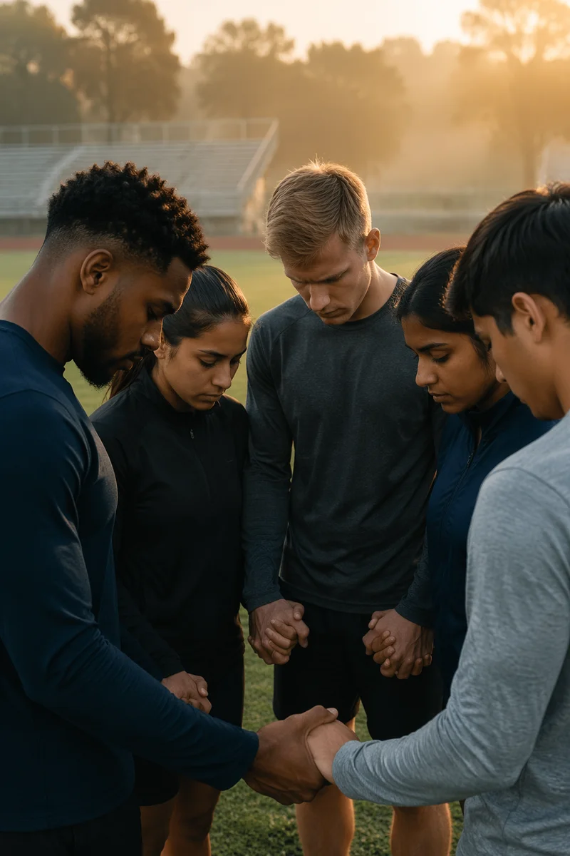 College Athletes Praying on Morning Field