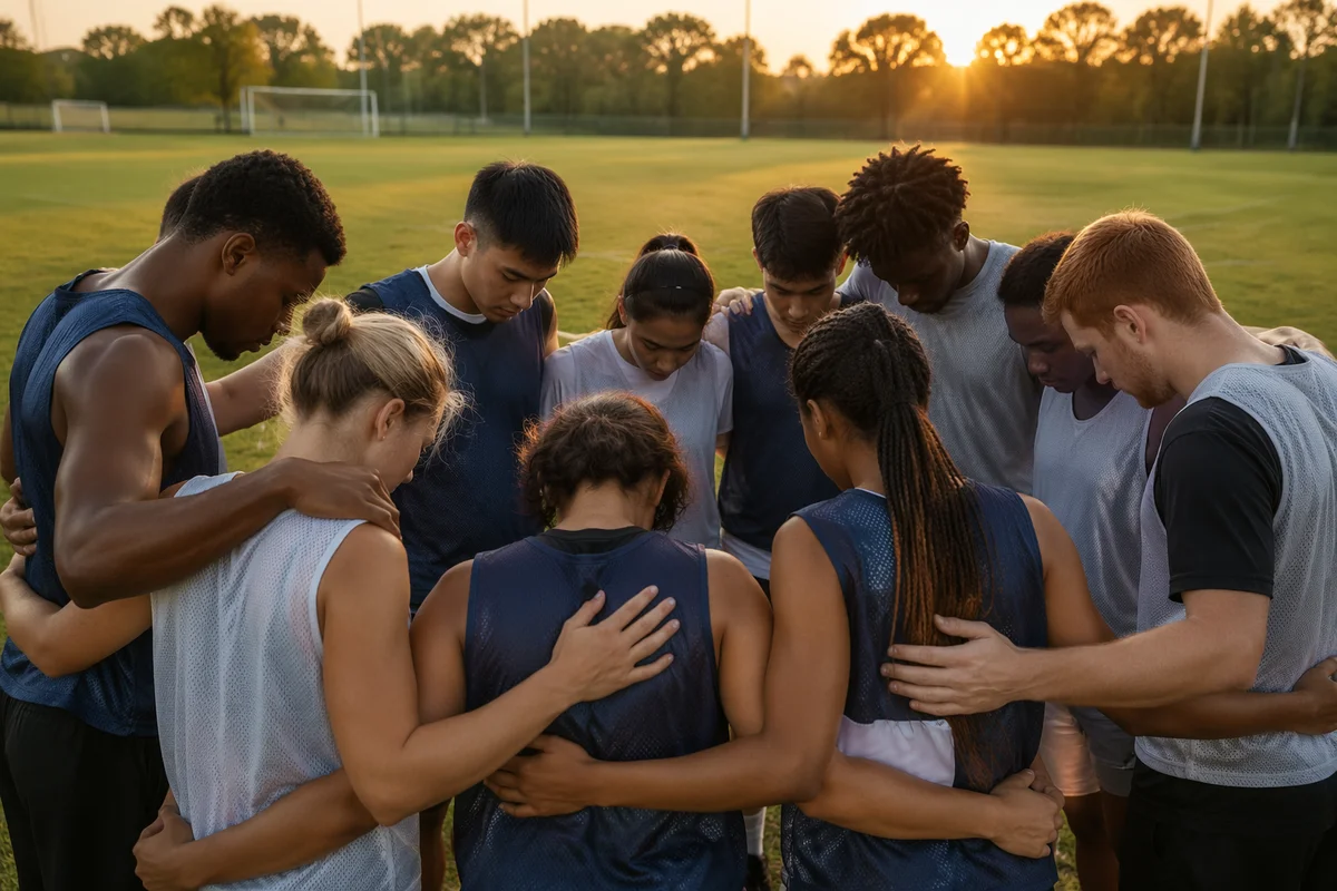 College Athletes Praying in Sunrise Huddle