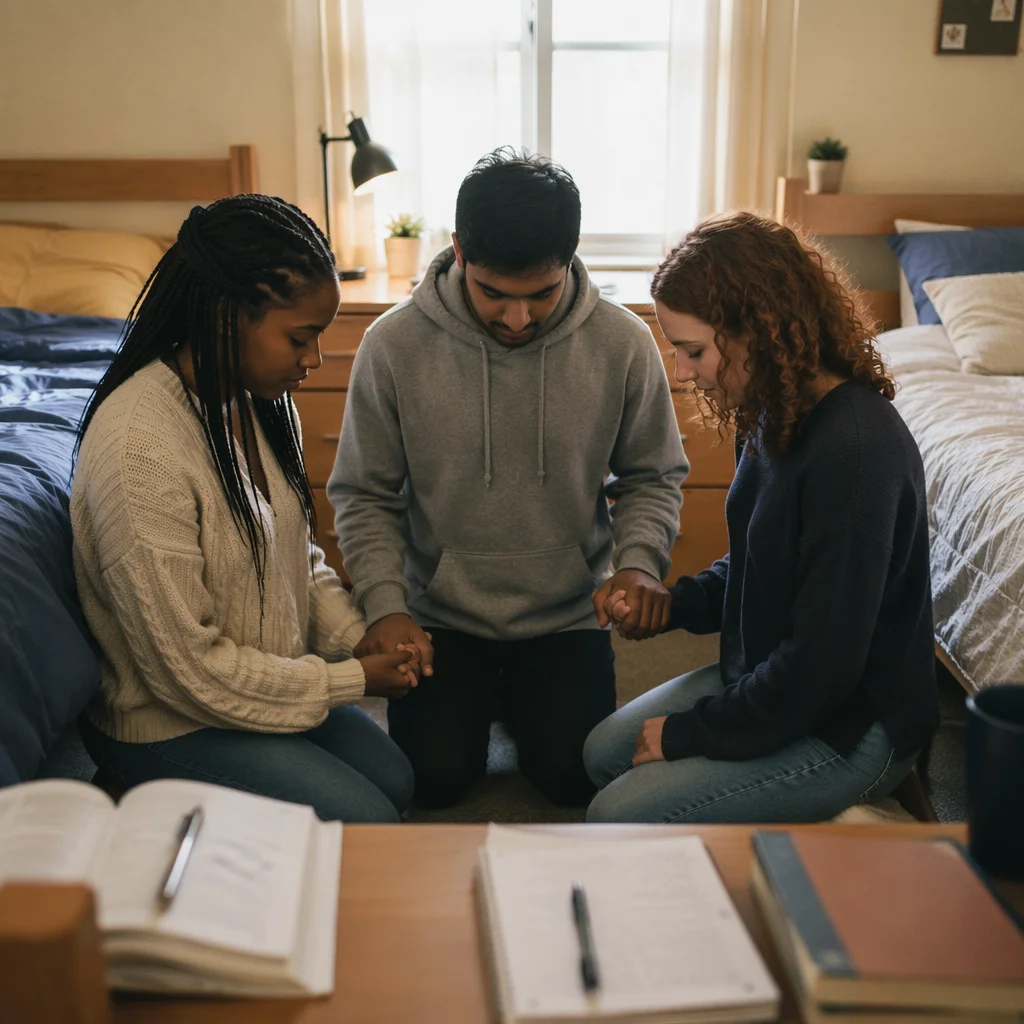 College Roommates Praying in Dorm Room