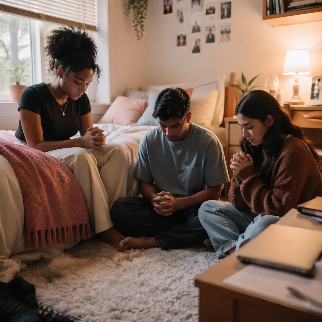 Three College Roommates Praying in Dorm