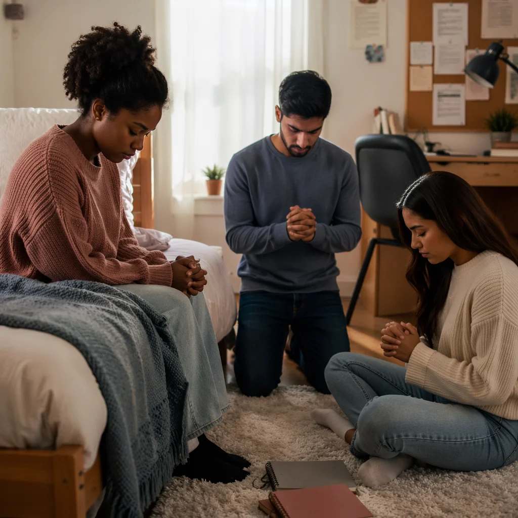 College Roommates Praying in Cozy Dorm Room
