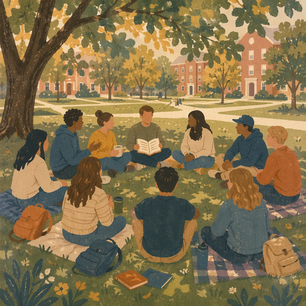 Students Sitting in Campus Lawn Circle