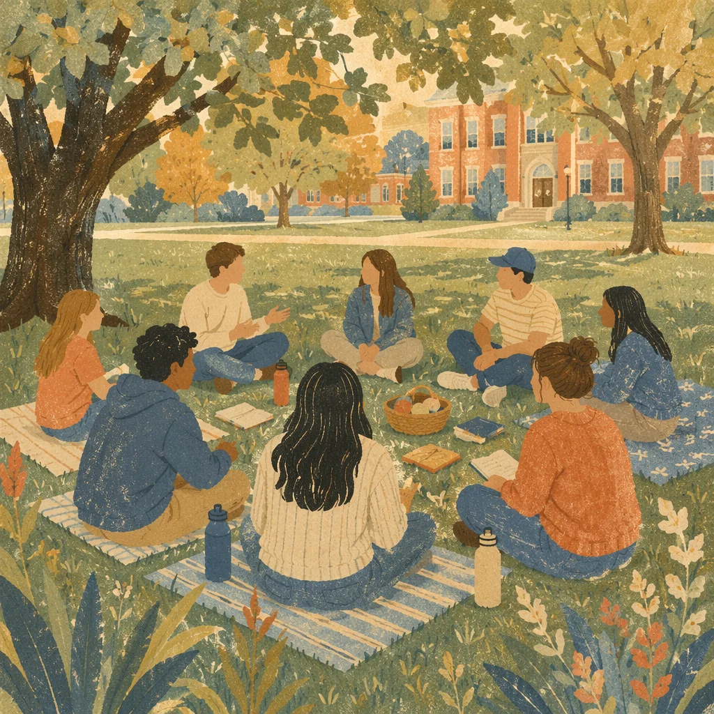 College Students Gathering on Campus Lawn