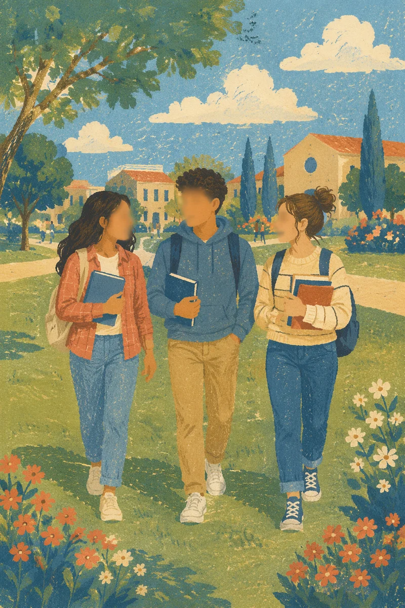 Three College Students Walking on Campus Lawn