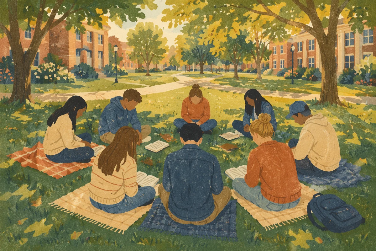 College Students Gathered on Campus Lawn