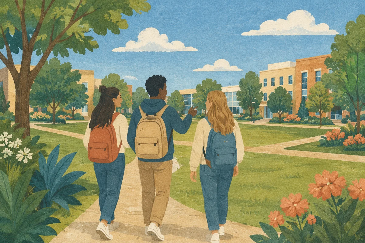 College Students Walking Across Campus Lawn