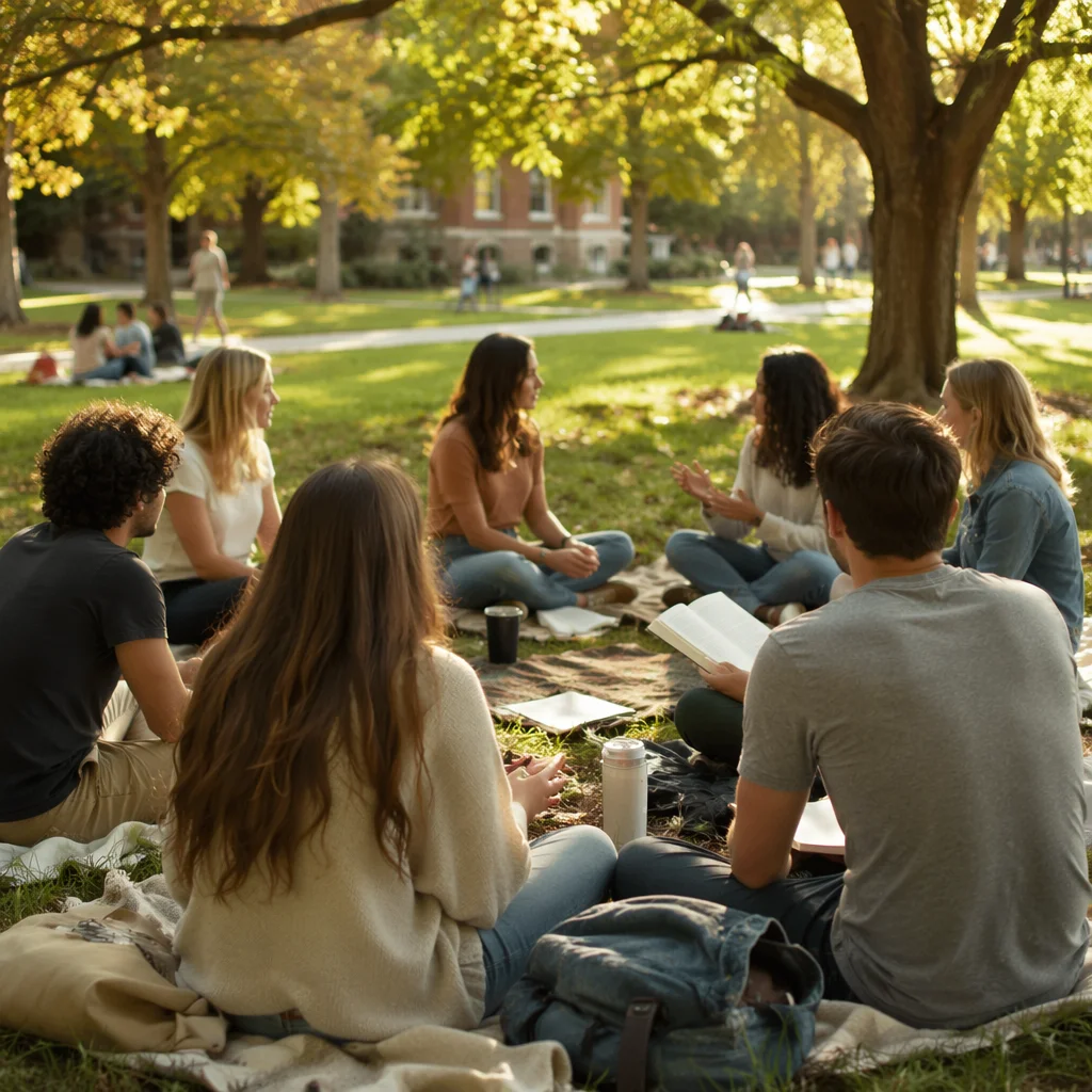 College Students Sitting on Campus Lawn
