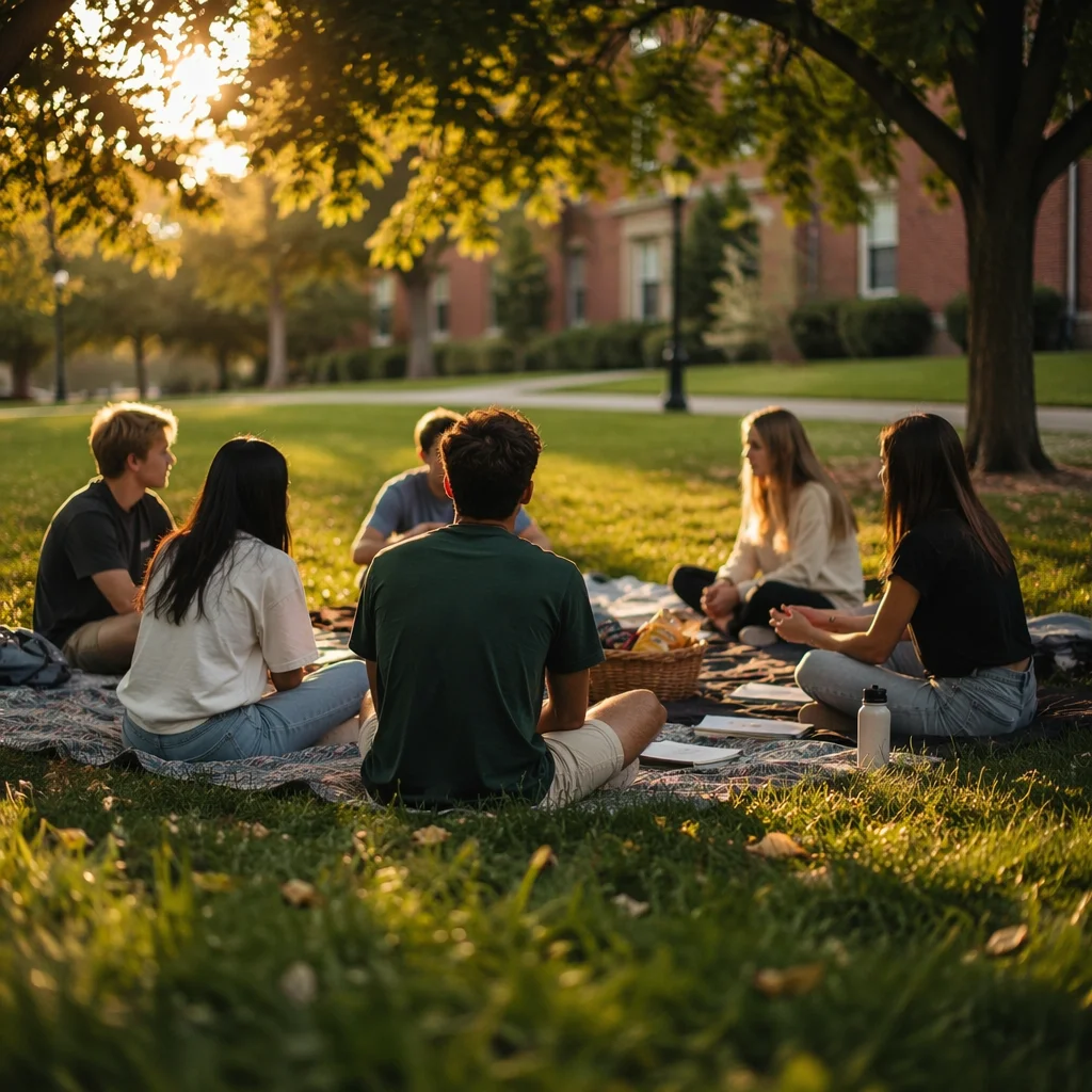 College Students Gathering on Campus Lawn