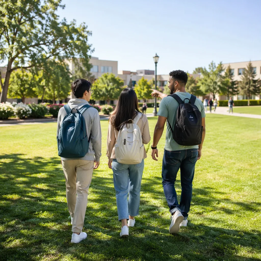College Students Walking Across Campus Lawn