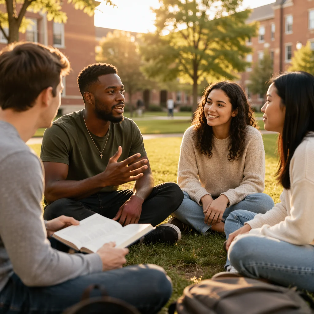 College Students Sitting on Campus Lawn