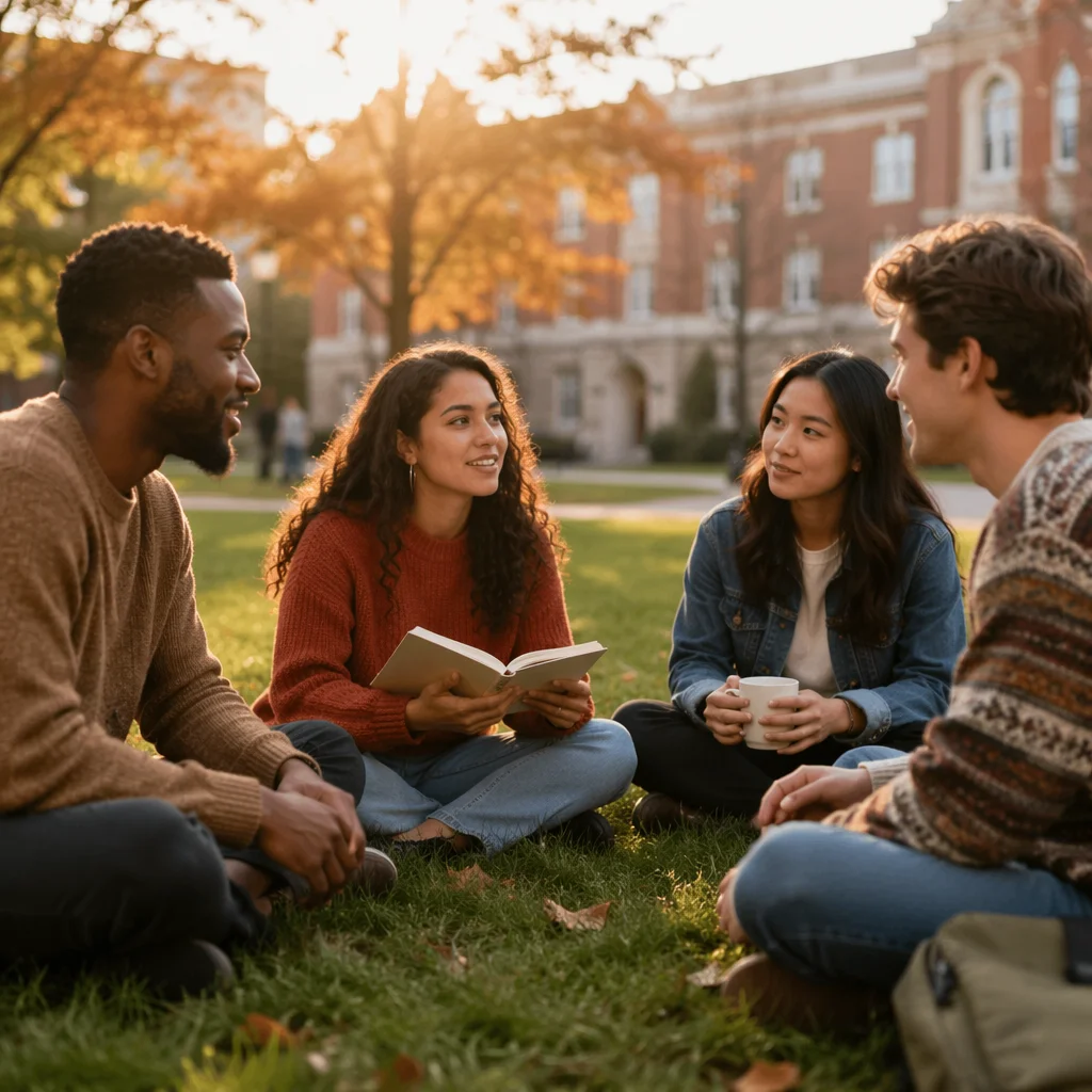 College Students Sitting on Campus Lawn
