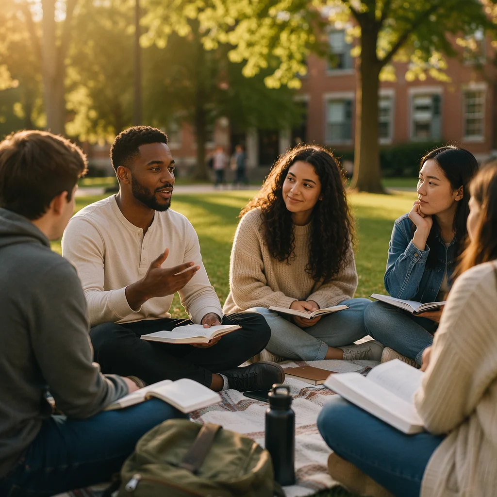 College Students Gathering on Sunny Campus Lawn