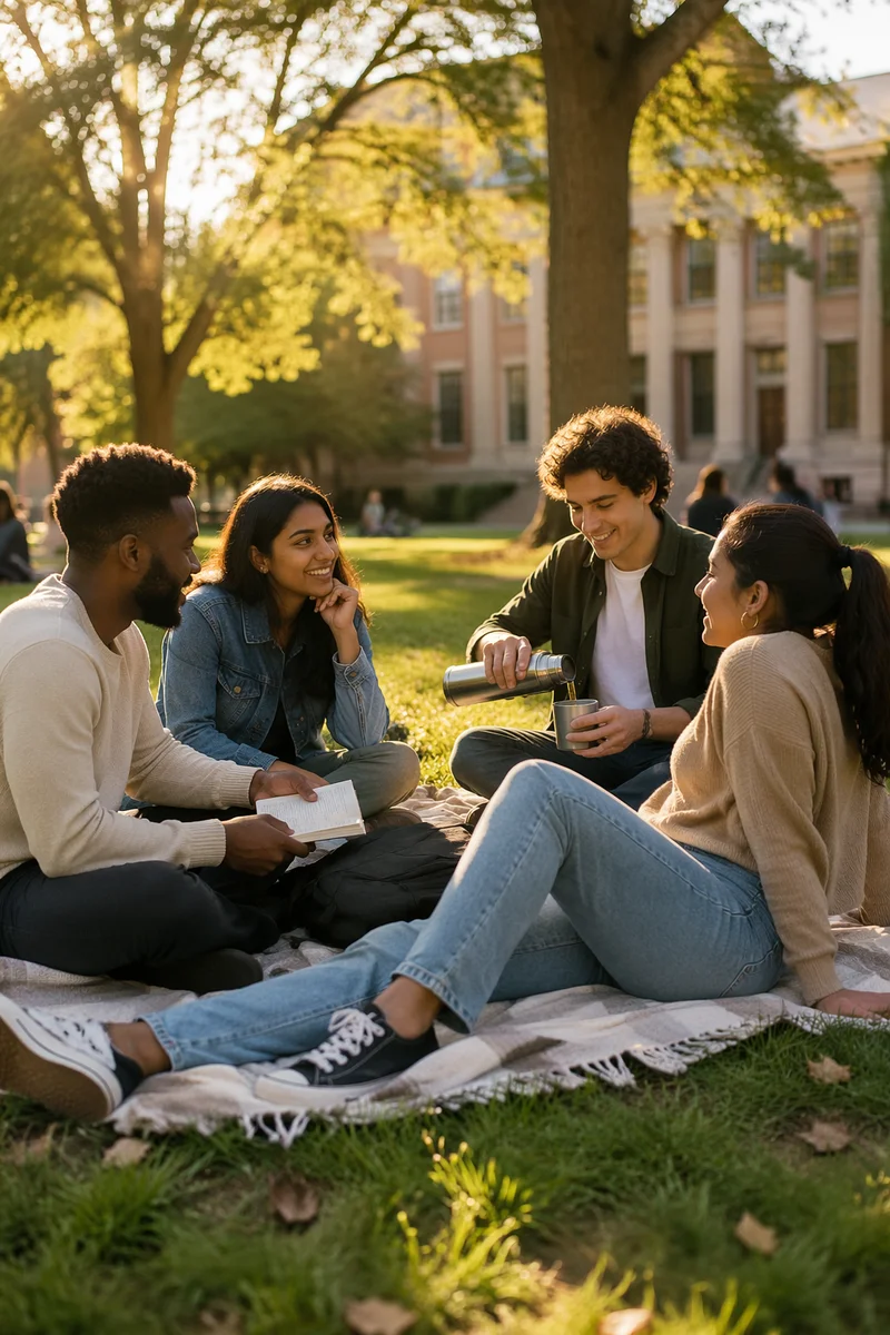 College Students Gathering on Campus Lawn