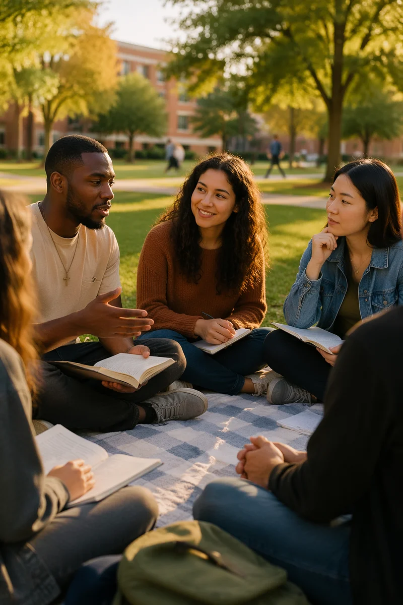 College Students Gathering on Sunny Lawn