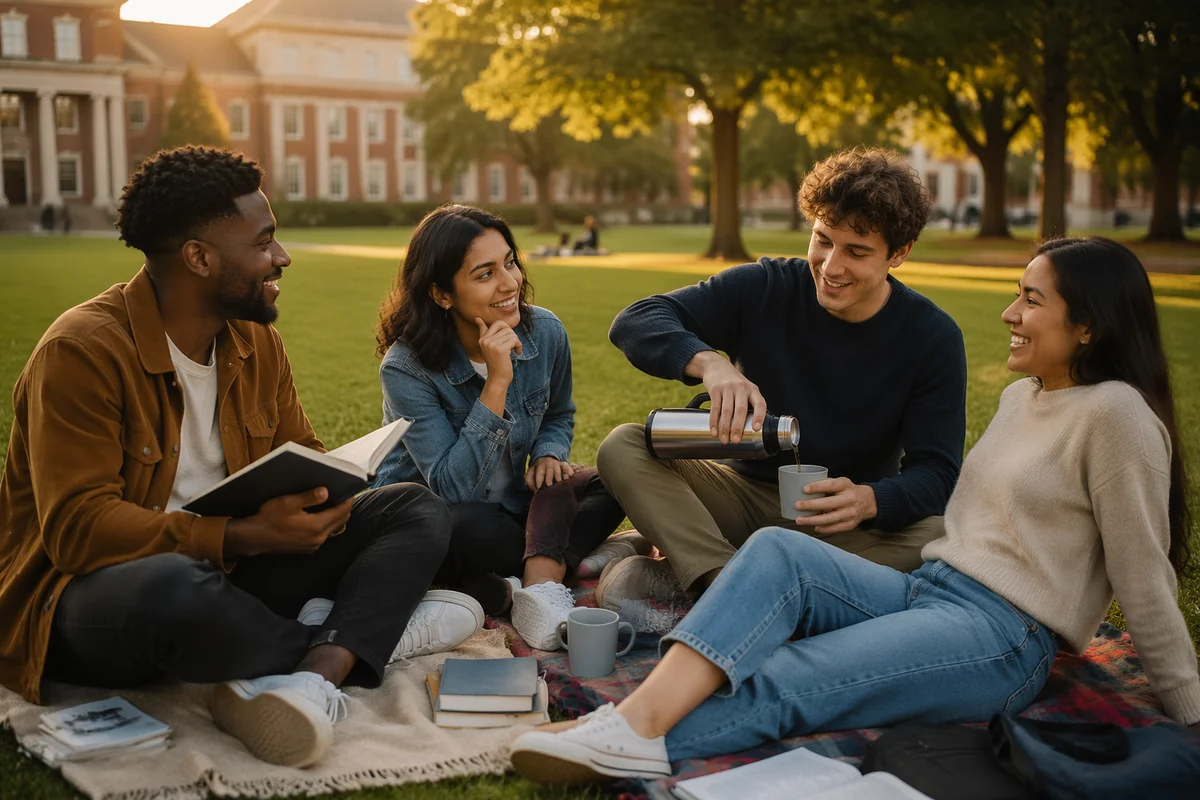 College Students Gathering on Campus Lawn