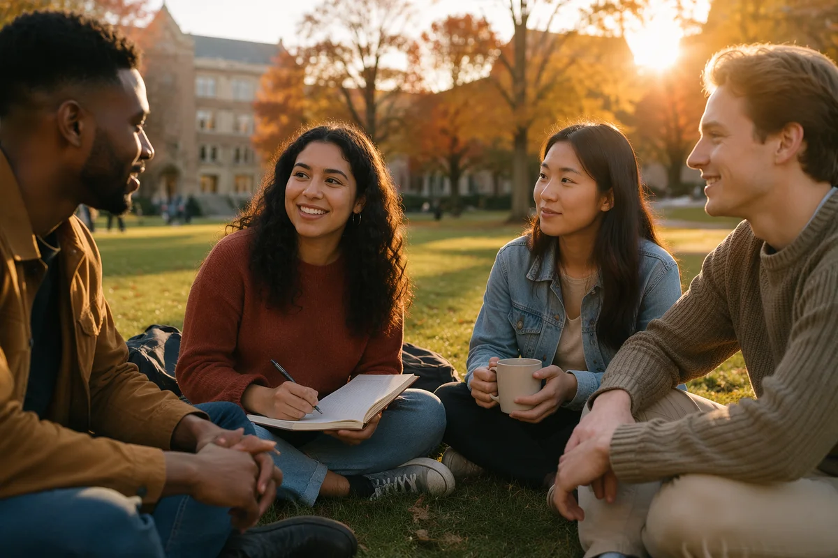 College Students Gathering on Campus Lawn