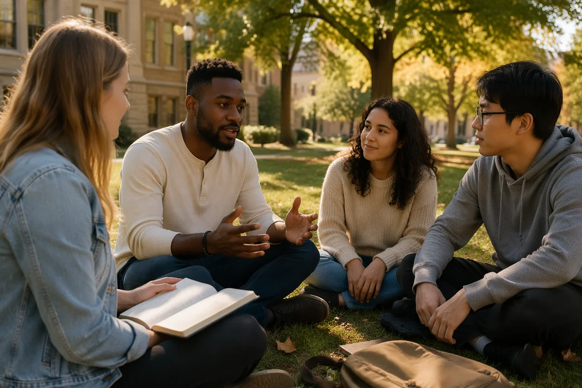 Diverse College Students Sitting on Campus Lawn