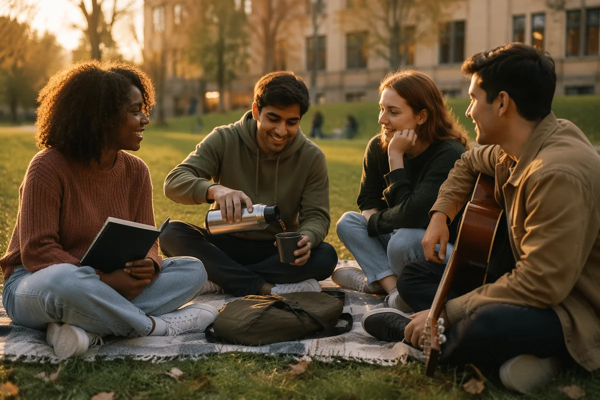 College Students Relaxing on Campus Lawn