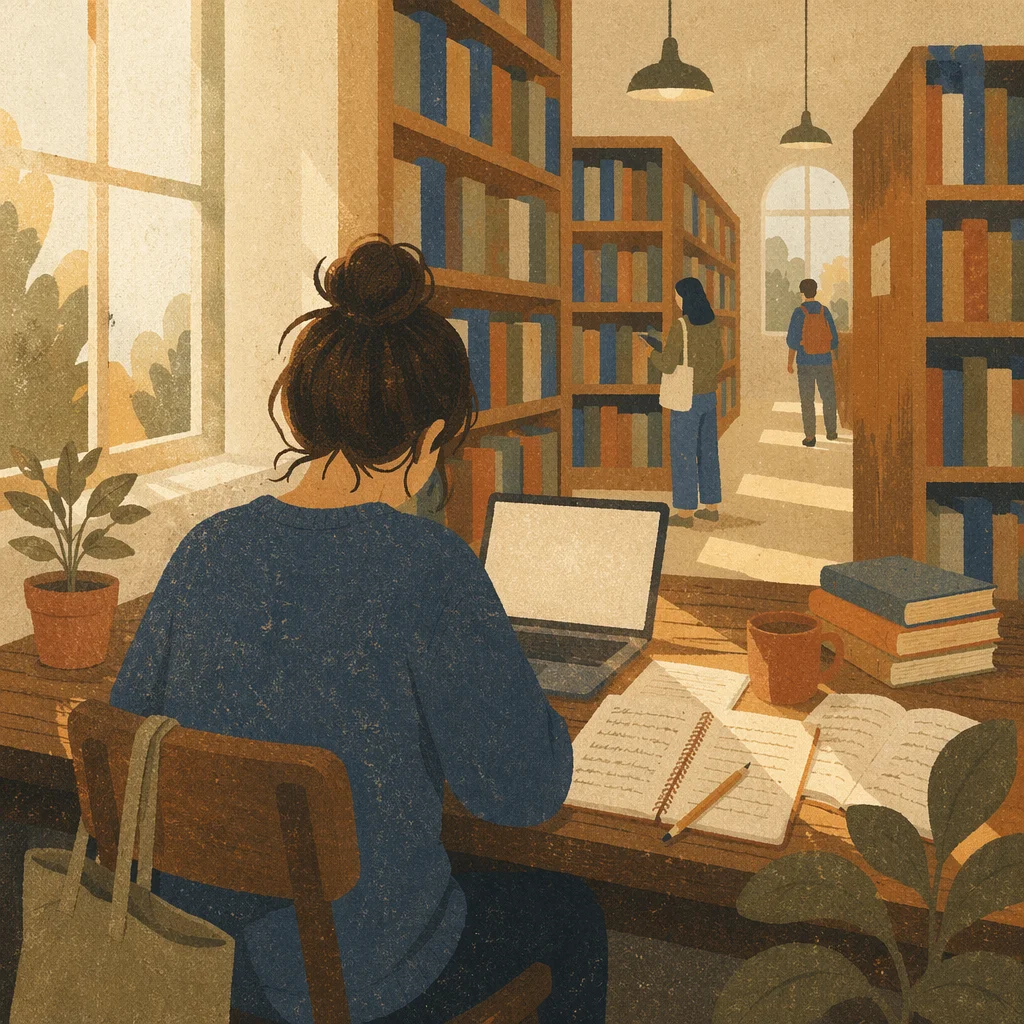 College Student Studying in Quiet Library