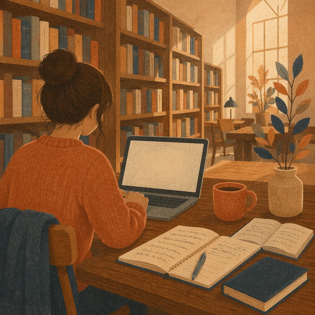 College Student Studying in Quiet Library