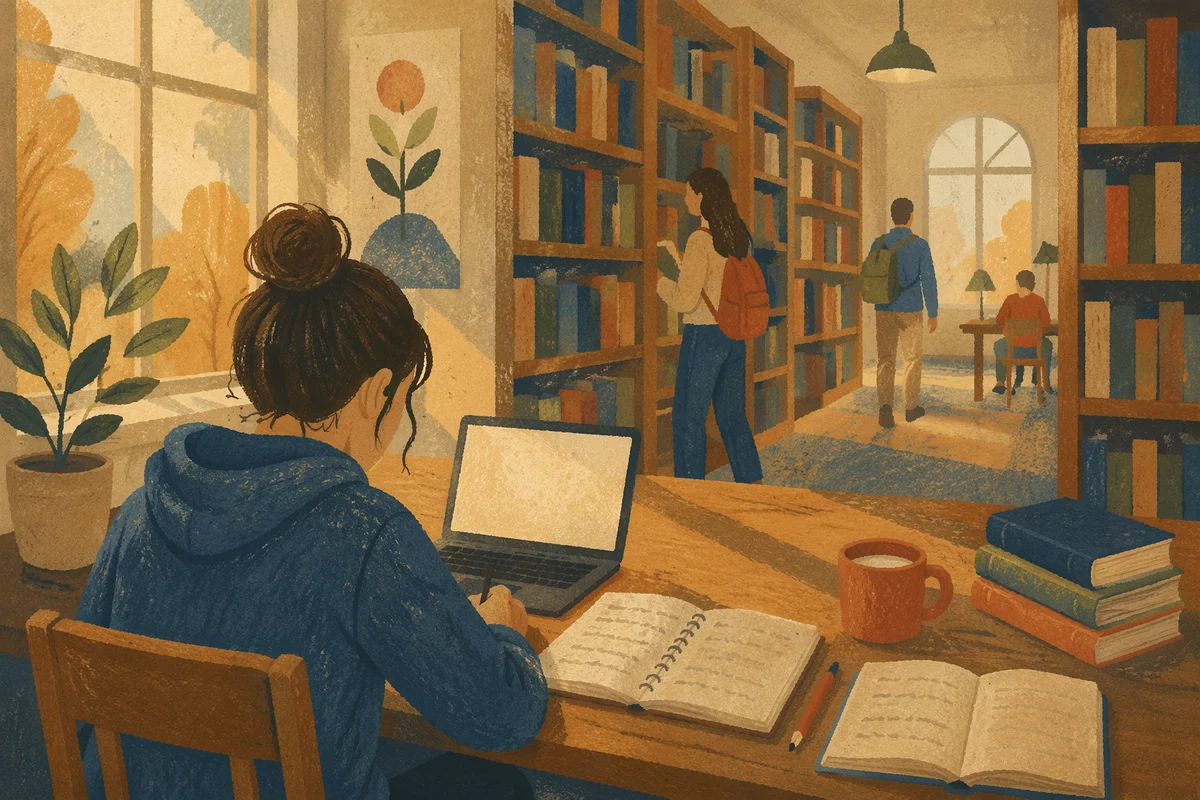 College Student Studying in Quiet Library