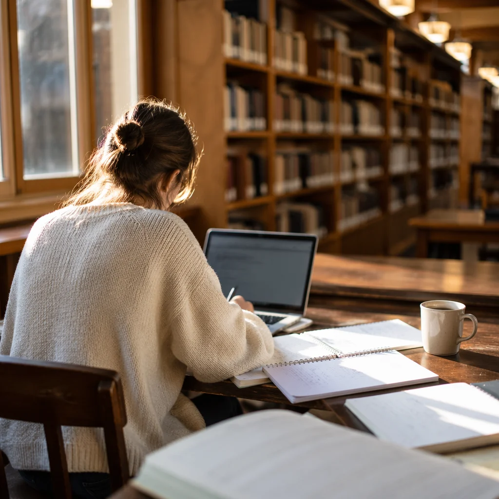 College Student Studying in Quiet Library