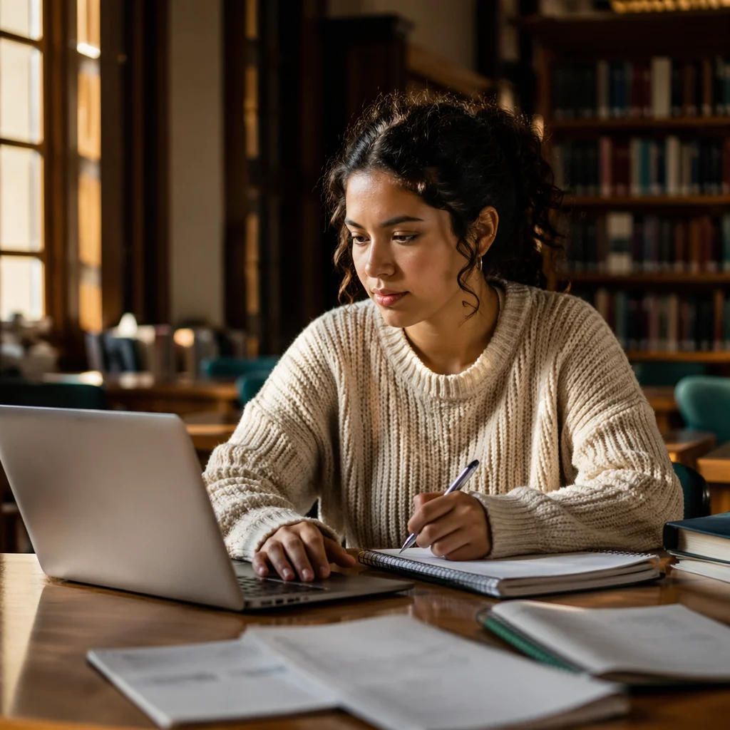 Focused College Student Studying in Library