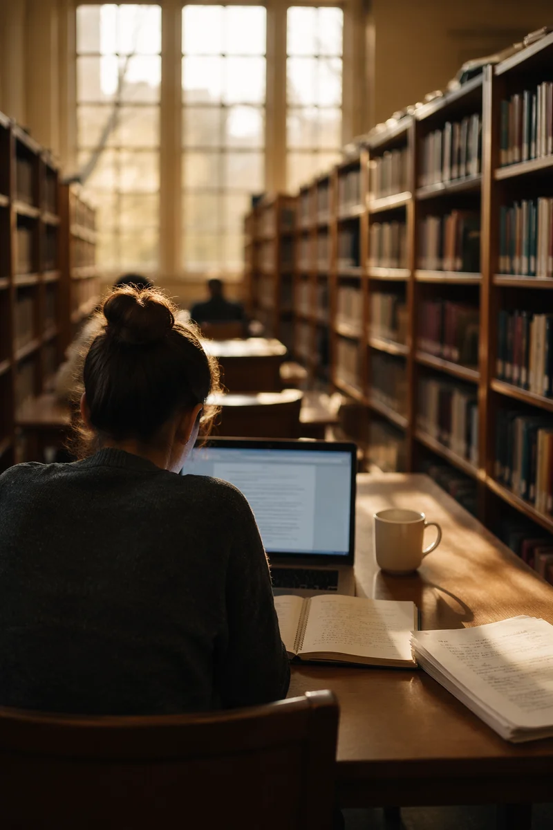 College Student Studying in Quiet Library