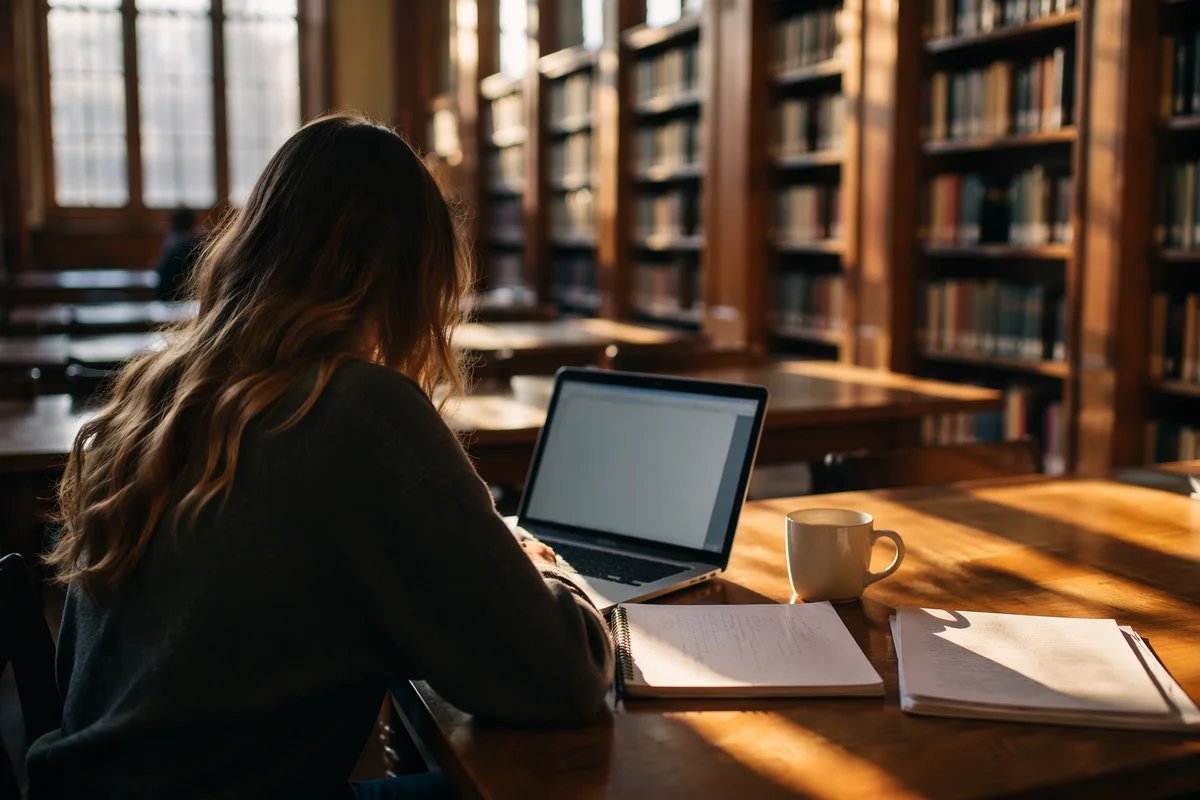 Focused College Student Studying in Library