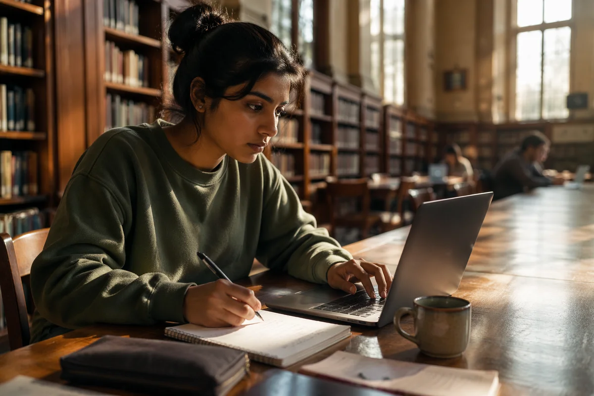 College Student Studying in Quiet Library