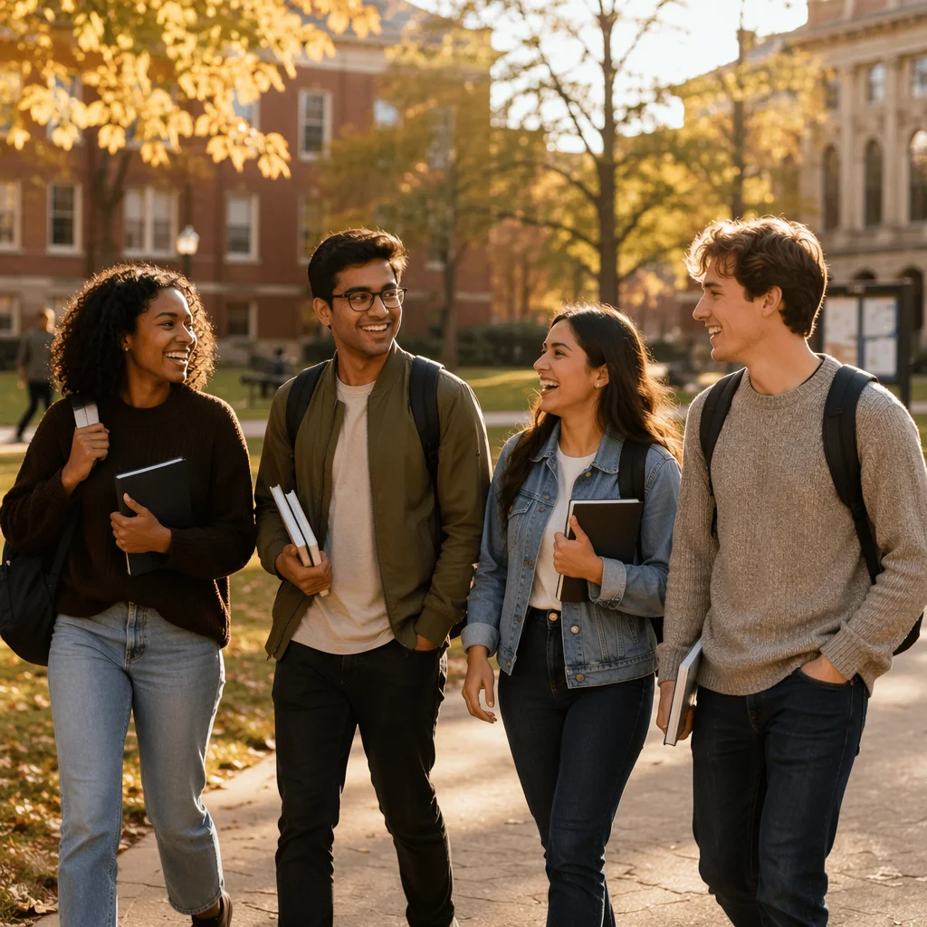 College Students Walking Across Autumn Campus