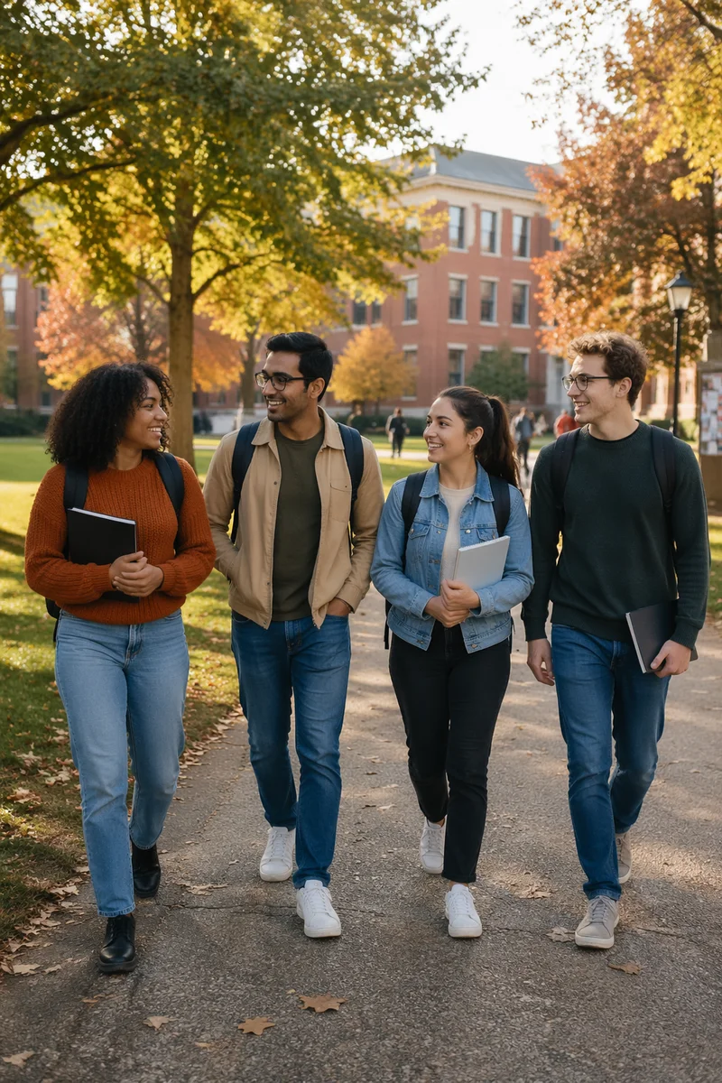 College Students Walking Across Autumn Campus