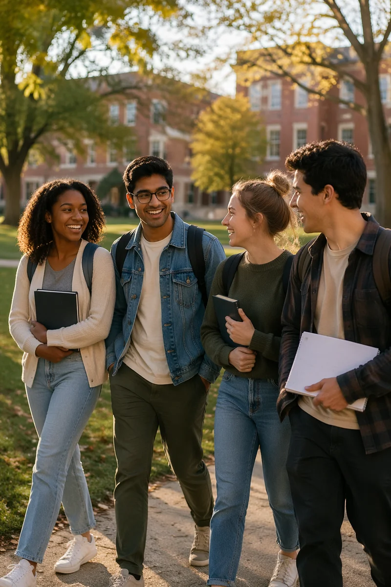 Four College Students Walking Across Campus