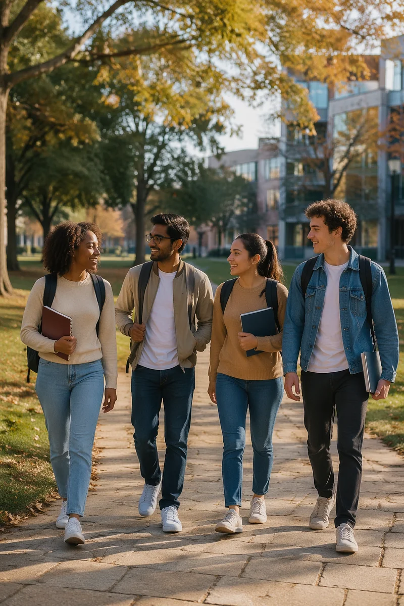 College Students Walking Across Campus Quad